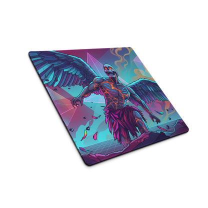 Vaporwave winged skeleton mouse pad with neon purple wings and glowing orange veins on a cosmic geometric background
