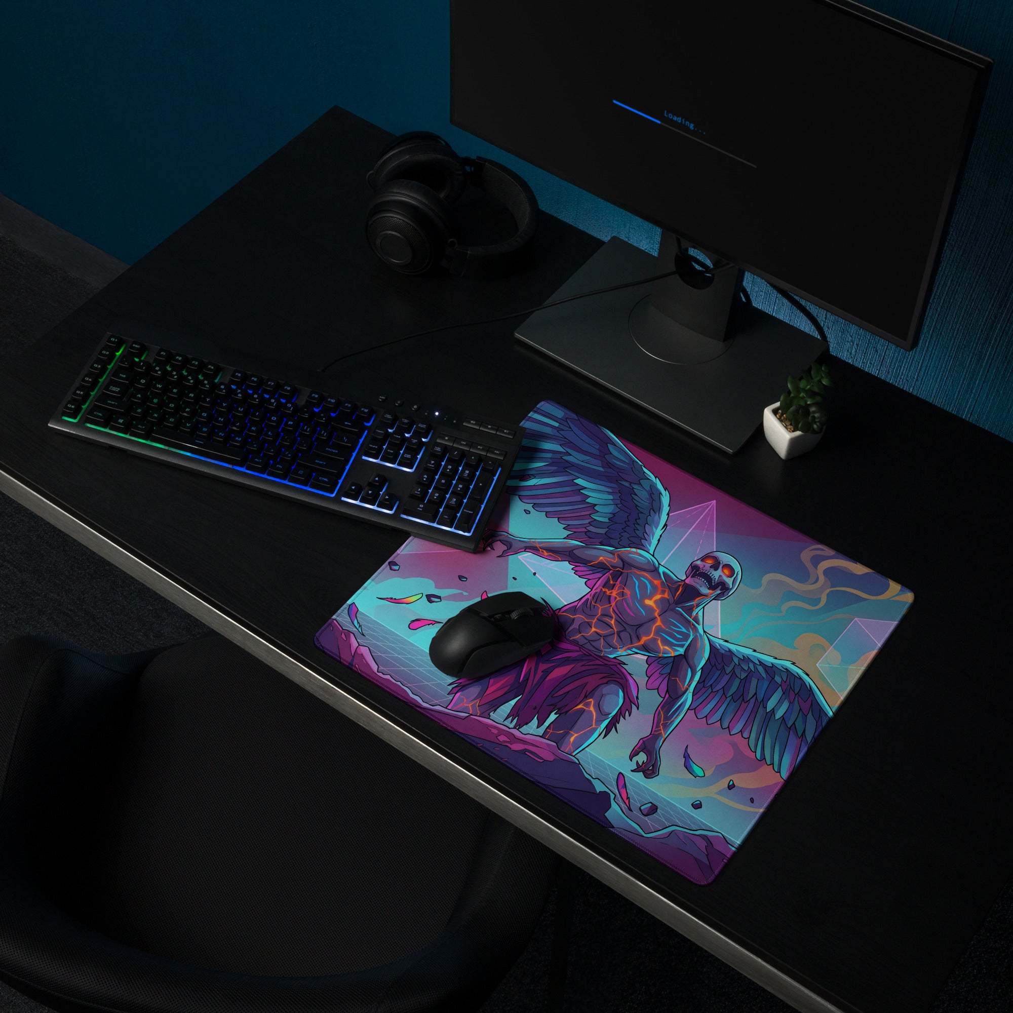 Vibrant neon pink and blue vaporwave winged skeleton mouse pad with glowing orange energy lines and cosmic angel wings design