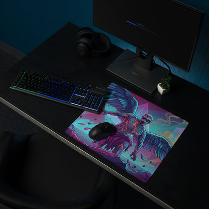 Vibrant neon pink and blue vaporwave winged skeleton mouse pad with glowing orange energy lines and cosmic angel wings design