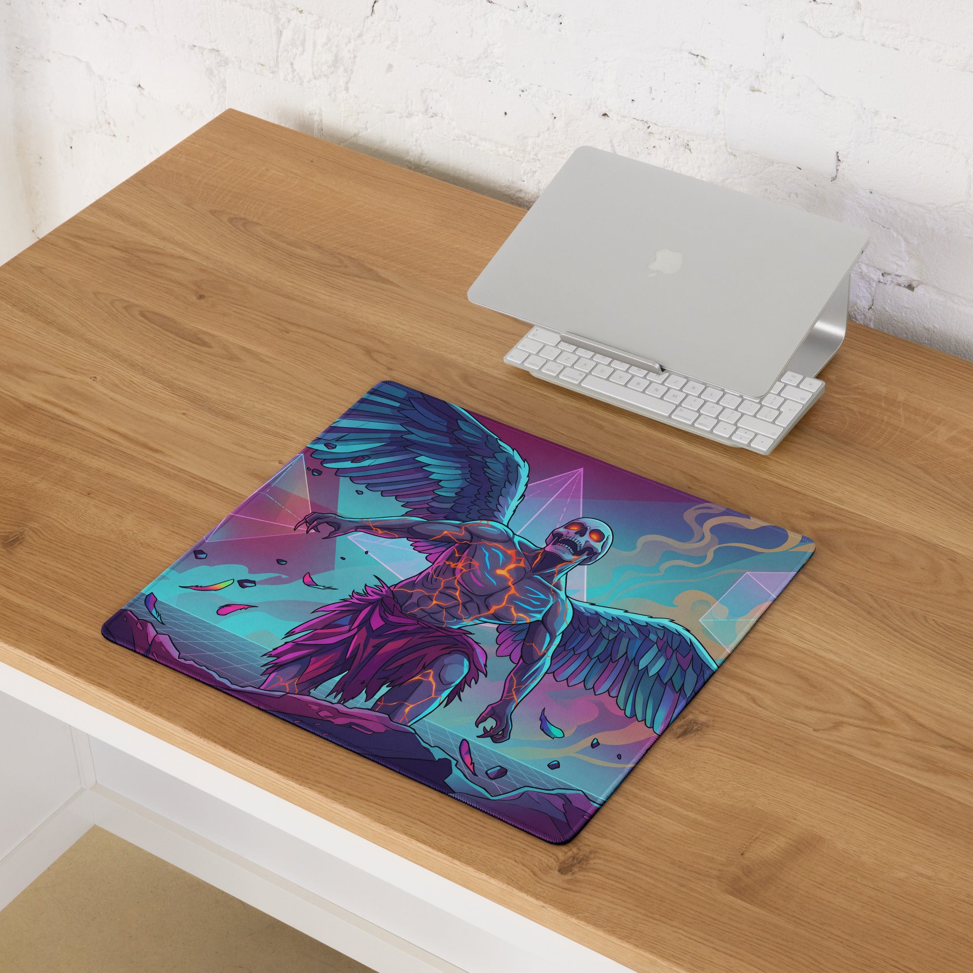 Vibrant rectangular vaporwave winged skeleton mouse pad with glowing orange veins on purple and teal cosmic background