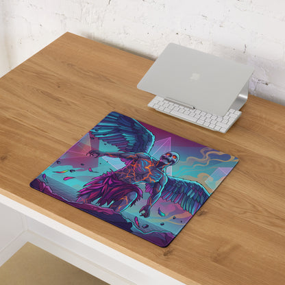 Vibrant rectangular vaporwave winged skeleton mouse pad with glowing orange veins on purple and teal cosmic background