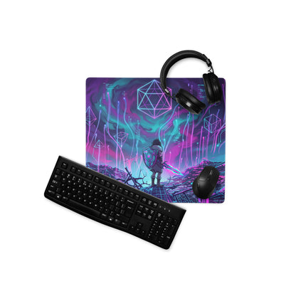 Neon vaporwave matrix mouse pad with vibrant purple and teal fantasy design featuring glowing geometric shapes and black peripherals