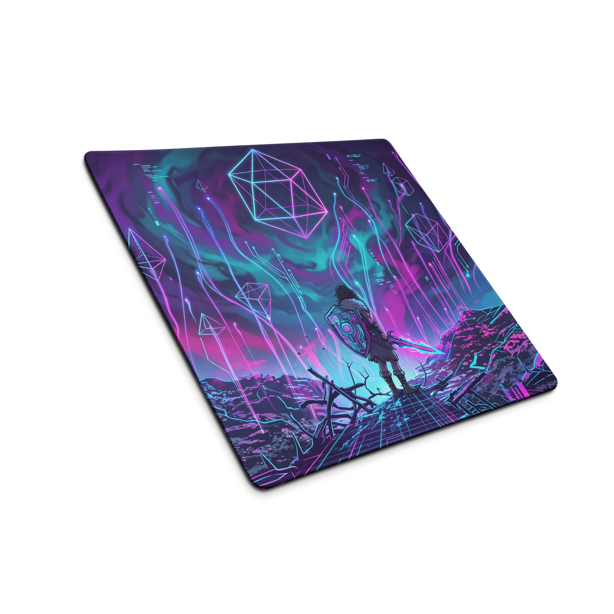 Neon purple and teal digital art mousepad featuring a lone warrior with shield and sword against glowing geometric shapes