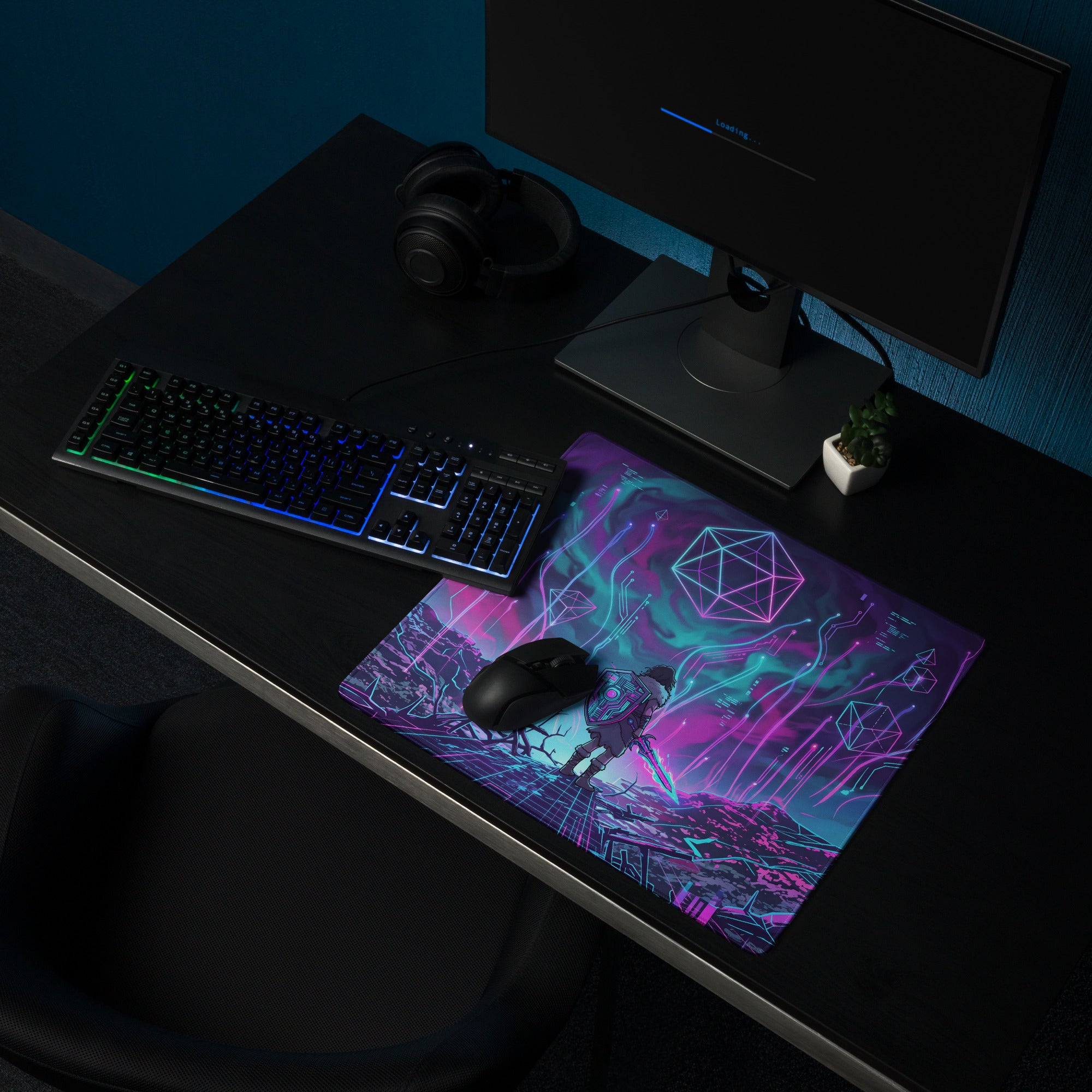 Neon vaporwave matrix mouse pad with vibrant neon purple and teal cyberpunk geometric design for gaming desks