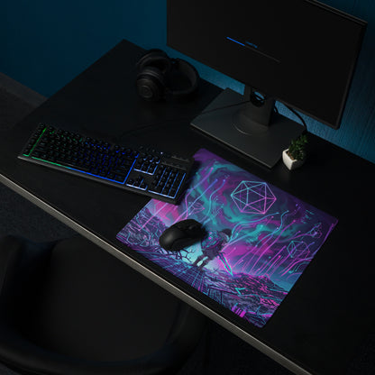 Neon vaporwave matrix mouse pad with vibrant neon purple and teal cyberpunk geometric design for gaming desks