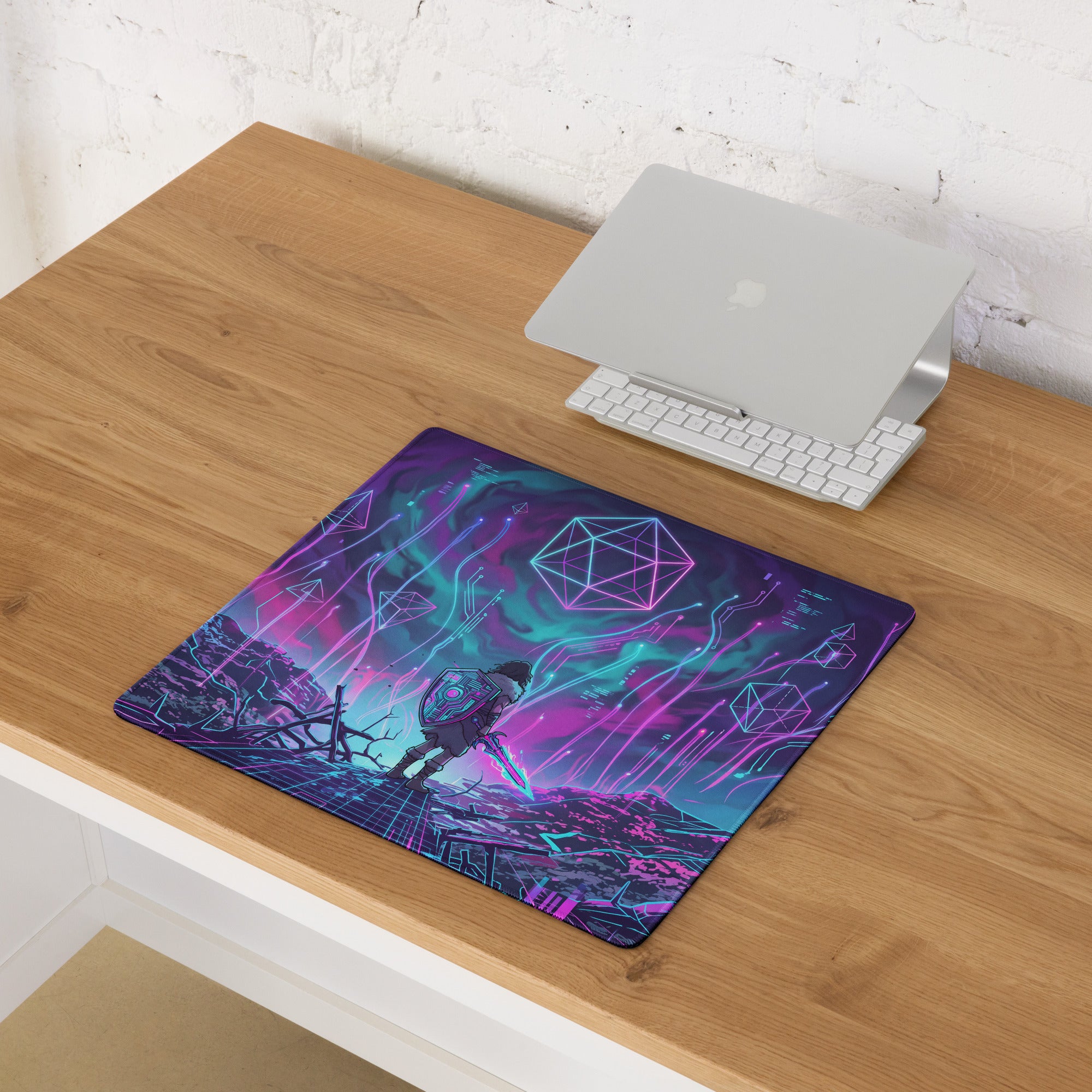 Neon vaporwave matrix mouse pad with vibrant neon purple and teal geometric design featuring a stylized warrior figure
