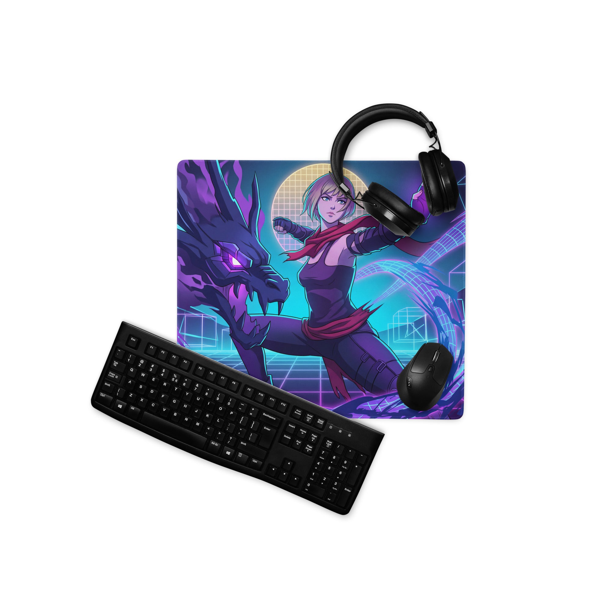 Vibrant purple and teal vaporwave neon hero gaming mousepad with dynamic anime character design for cyberpunk desks