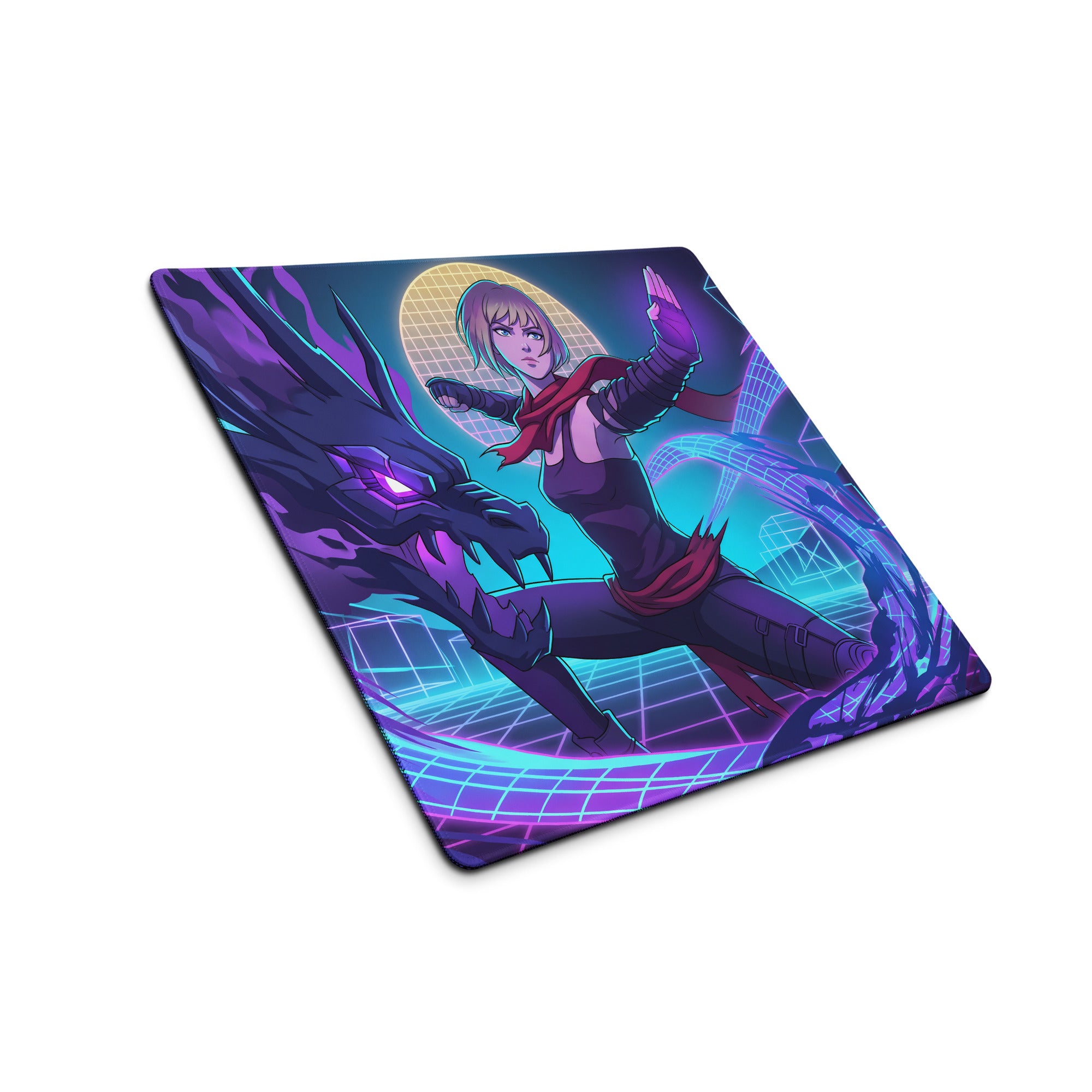 Vibrant purple and teal vaporwave neon hero mouse pad with anime warrior and glowing dragon cyberpunk design