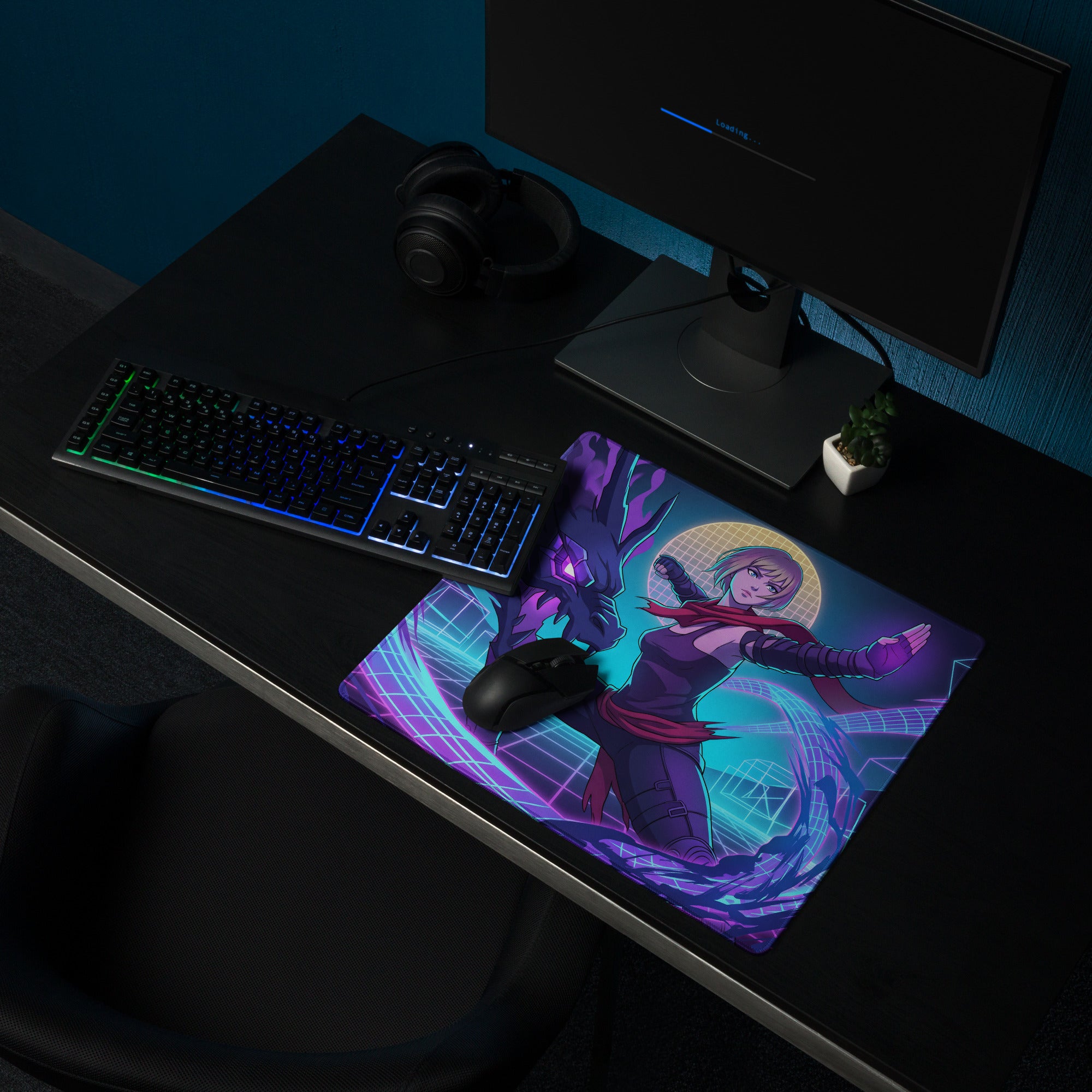 Vibrant purple and teal vaporwave neon hero gaming mousepad featuring dynamic anime character design for desk use