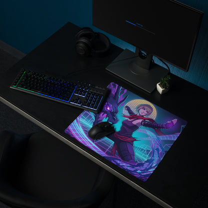Vibrant purple and teal vaporwave neon hero gaming mousepad featuring dynamic anime character design for desk use