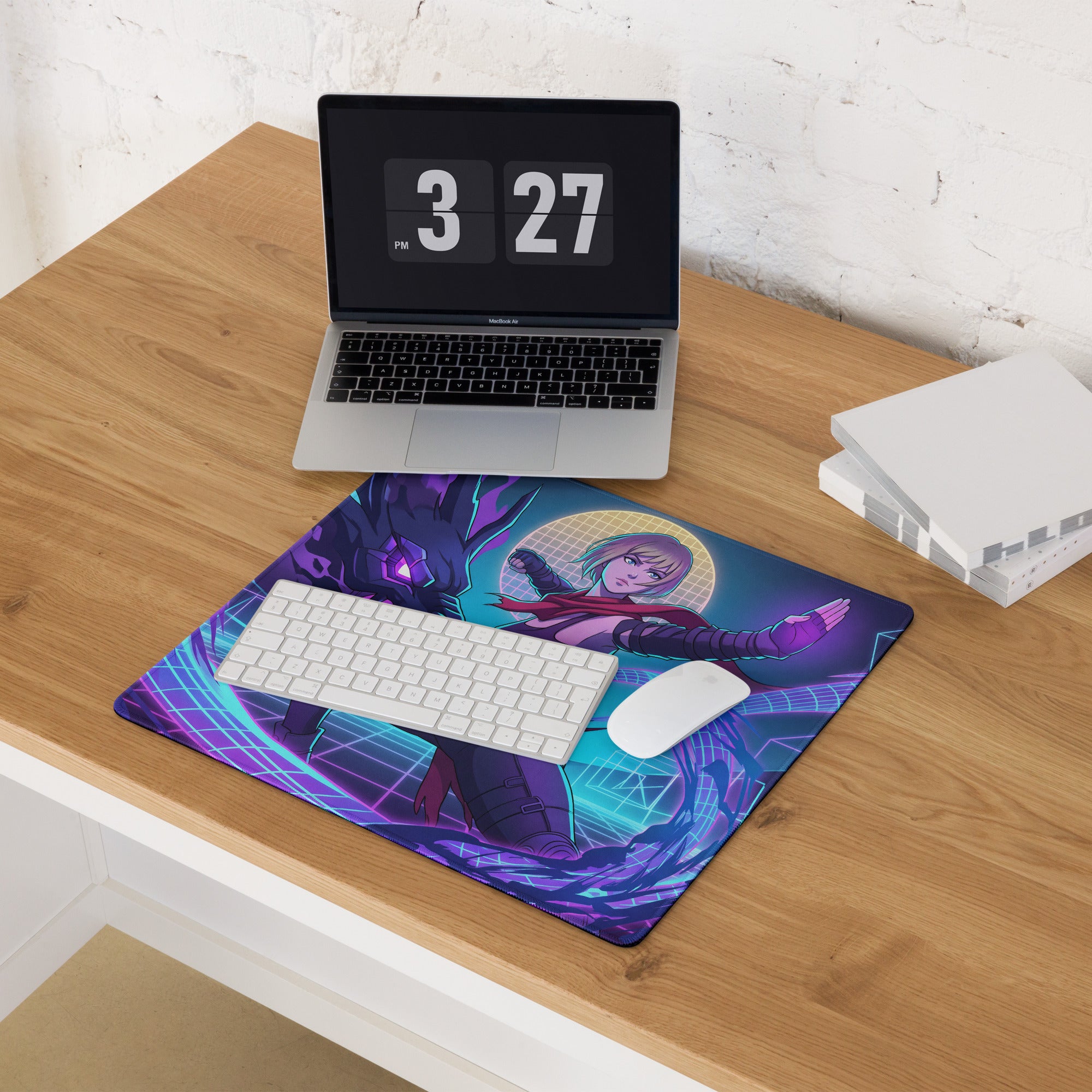 Vaporwave neon hero mouse pad with vibrant purple and blue anime character design for cyberpunk aesthetic desks