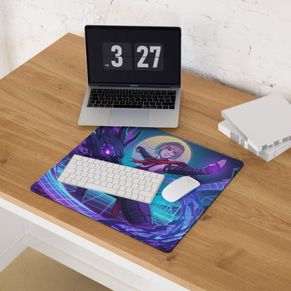 Vaporwave neon hero mouse pad with vibrant purple and blue anime character design for cyberpunk aesthetic desks