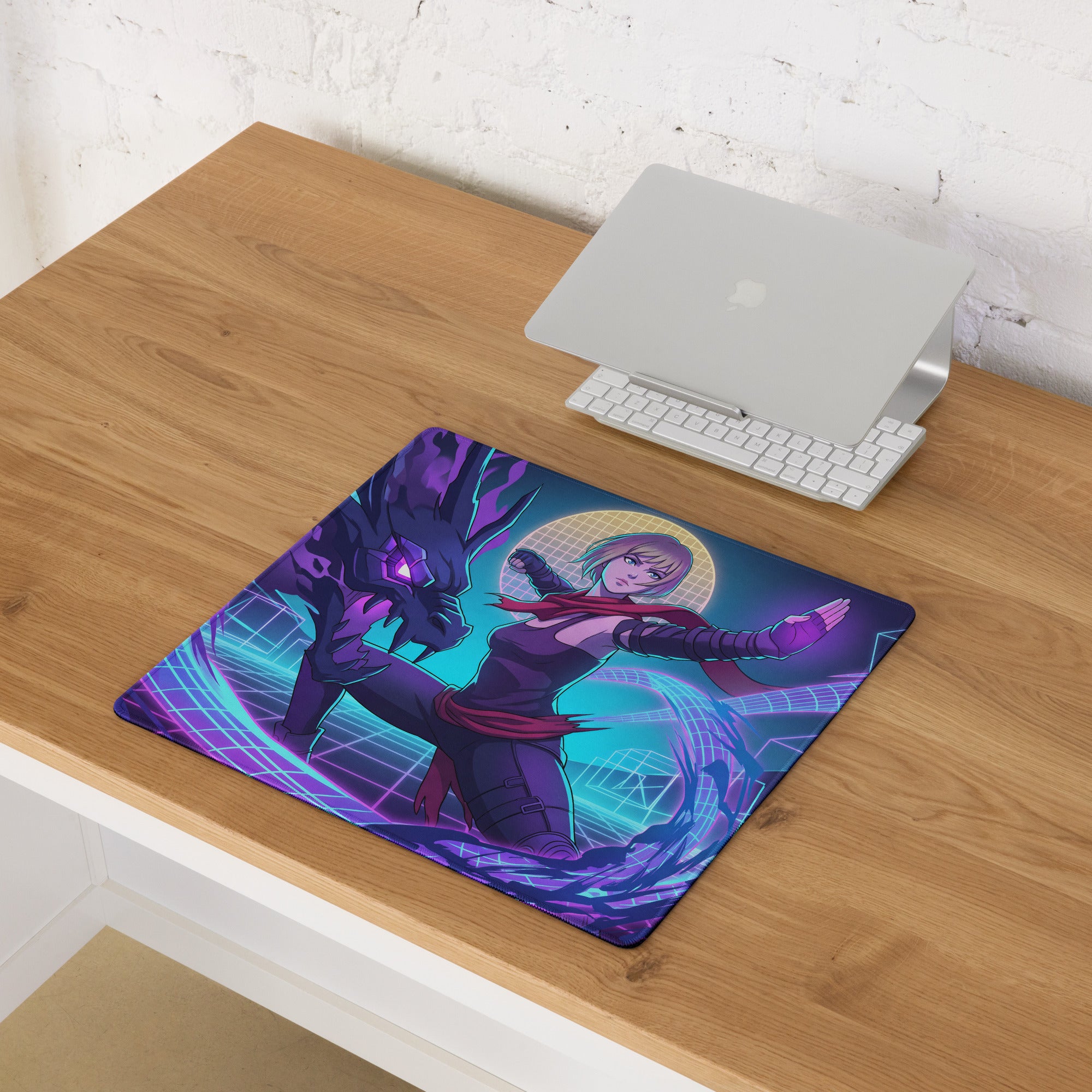Vibrant purple and teal anime-themed vaporwave neon hero gaming mouse pad with dynamic character design for desk use