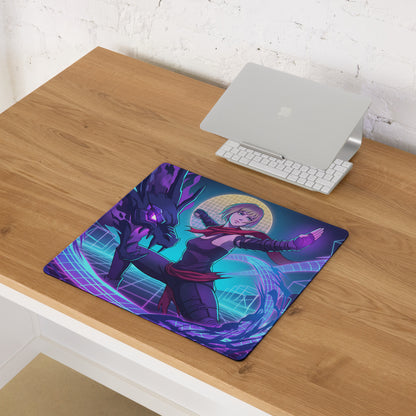 Vibrant purple and teal anime-themed vaporwave neon hero gaming mouse pad with dynamic character design for desk use