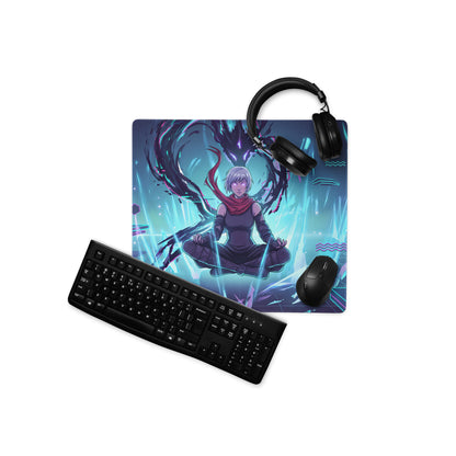Vibrant blue and purple anime-themed gaming mouse pad with meditating character and glowing energy effects for cyberpunk desks