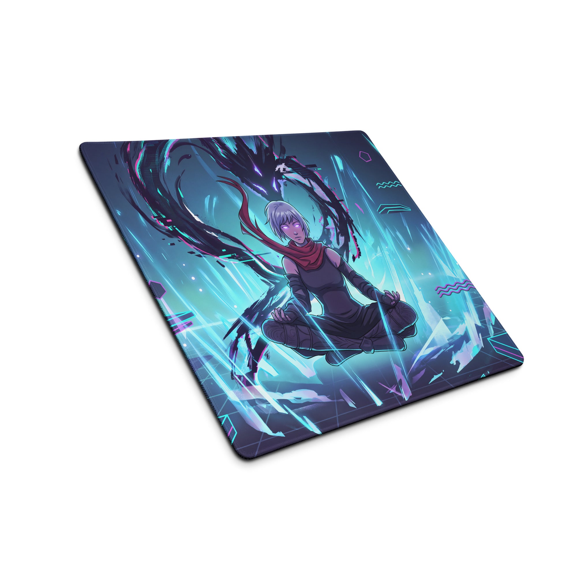 Vaporwave neon city pad rectangular gaming mousepad with silver-haired anime character and glowing pink cyan purple neon effects