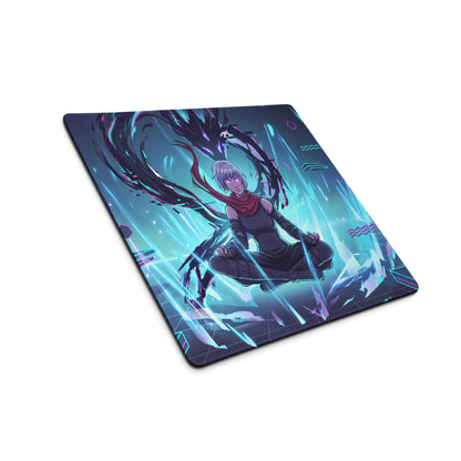 Vaporwave neon city pad rectangular gaming mousepad with silver-haired anime character and glowing pink cyan purple neon effects