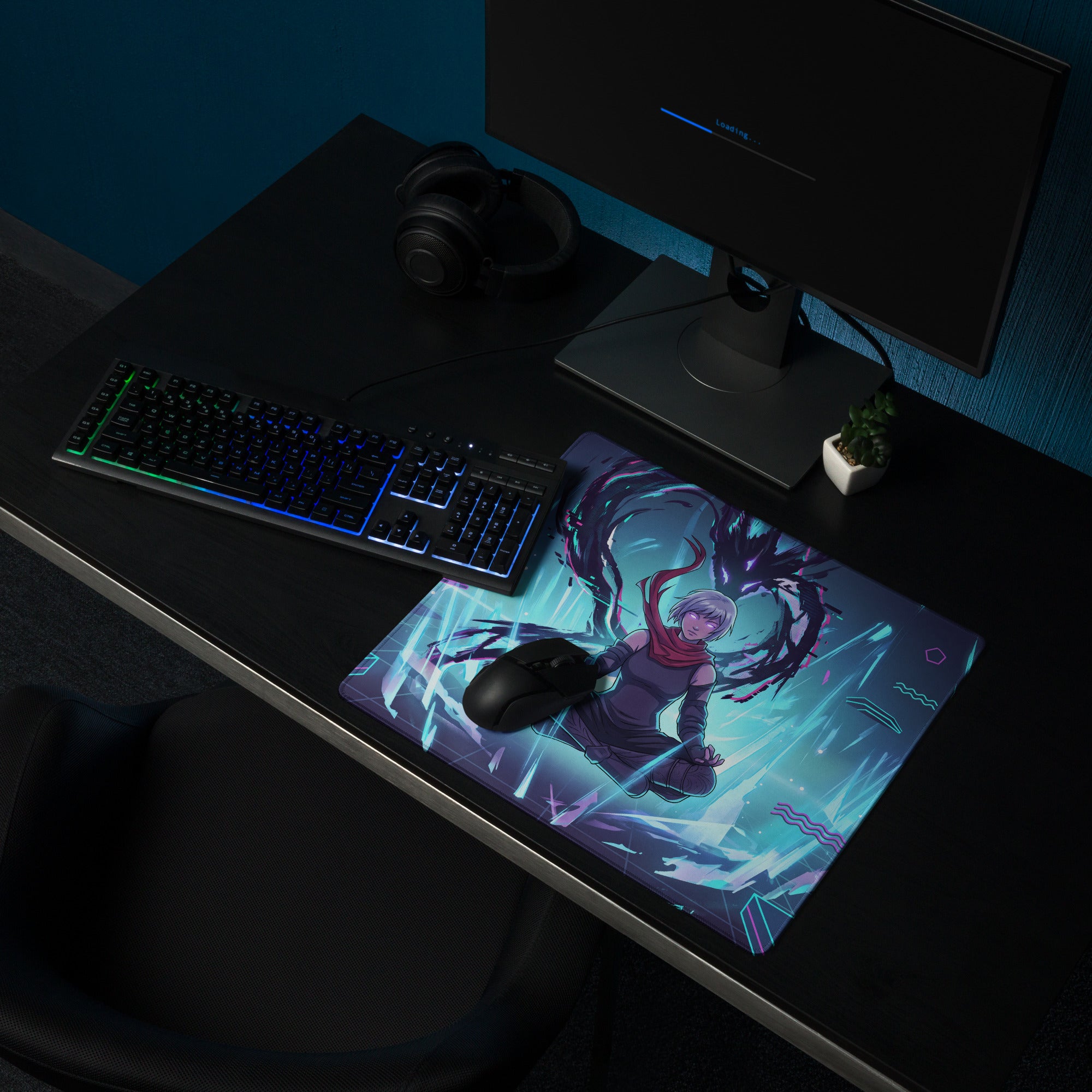 Vaporwave neon city gaming mousepad with vibrant purple hair anime character and glowing blue energy effects in pink cyan