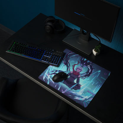 Vaporwave neon city gaming mousepad with vibrant purple hair anime character and glowing blue energy effects in pink cyan