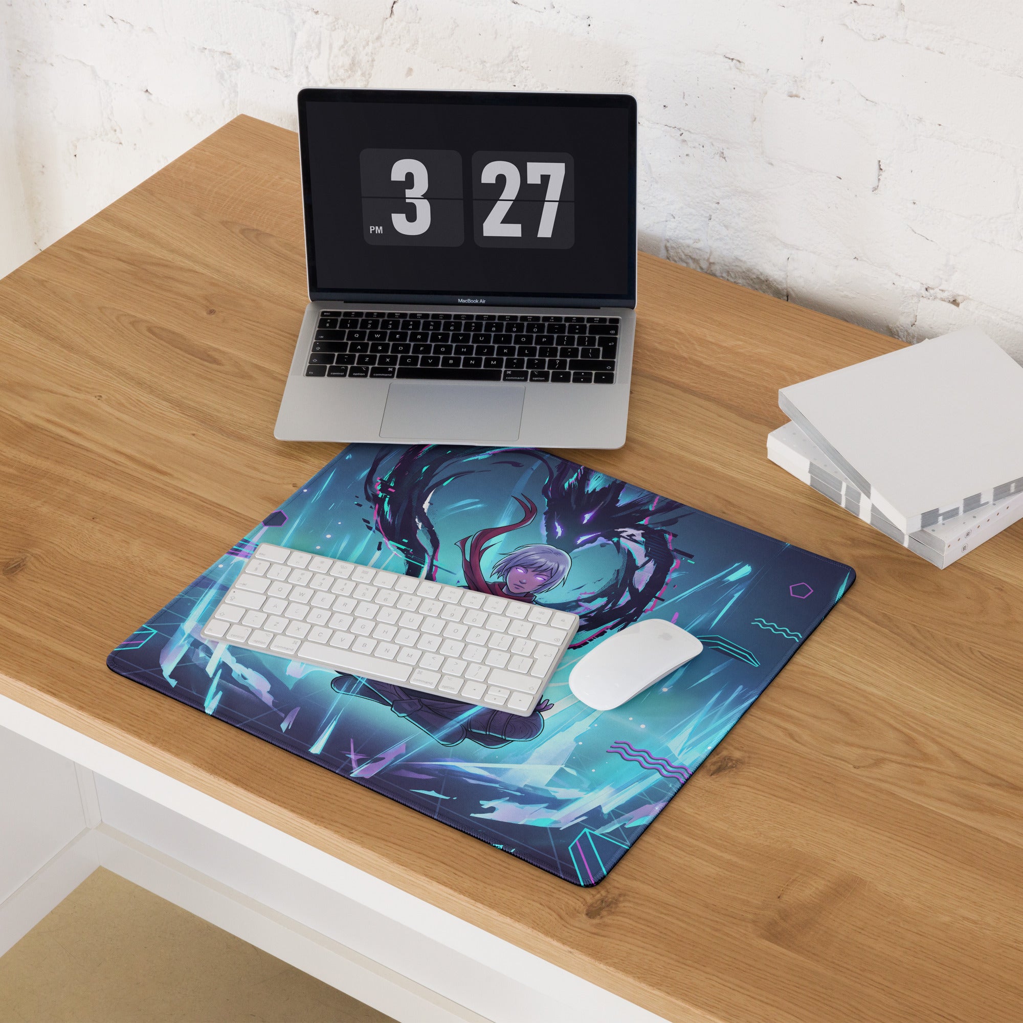 Blue and teal anime-themed gaming mouse pad with glowing neon accents in vaporwave neon city design