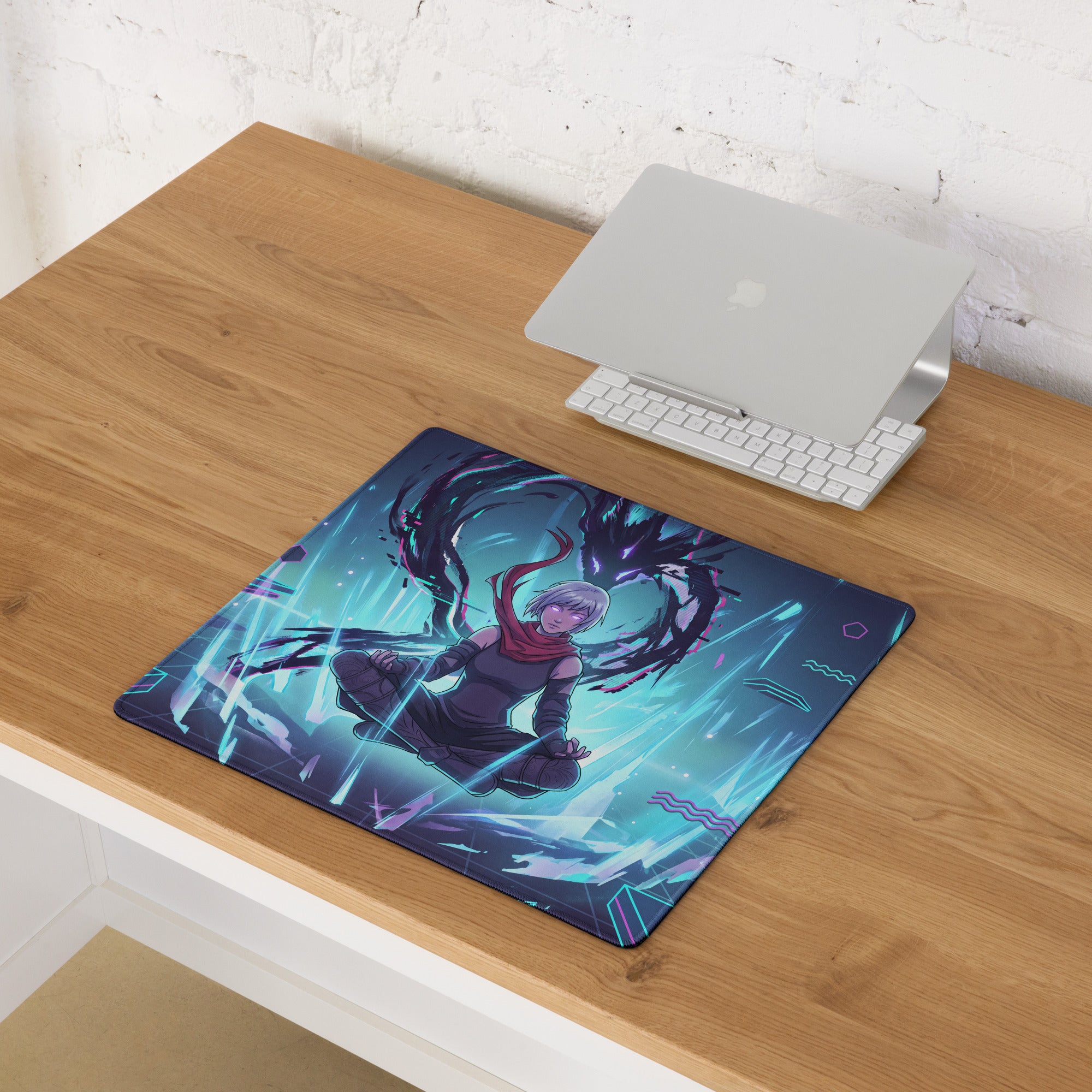 Vaporwave neon city rectangular gaming mousepad with vibrant anime silver hair character red scarf blue teal background