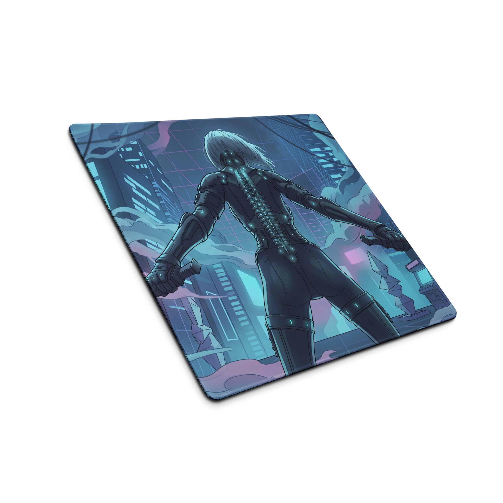 A rectangular gaming mousepad with a silver-haired cyberpunk character on a neon blue and purple cityscape background
