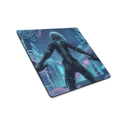 A rectangular gaming mousepad with a silver-haired cyberpunk character on a neon blue and purple cityscape background