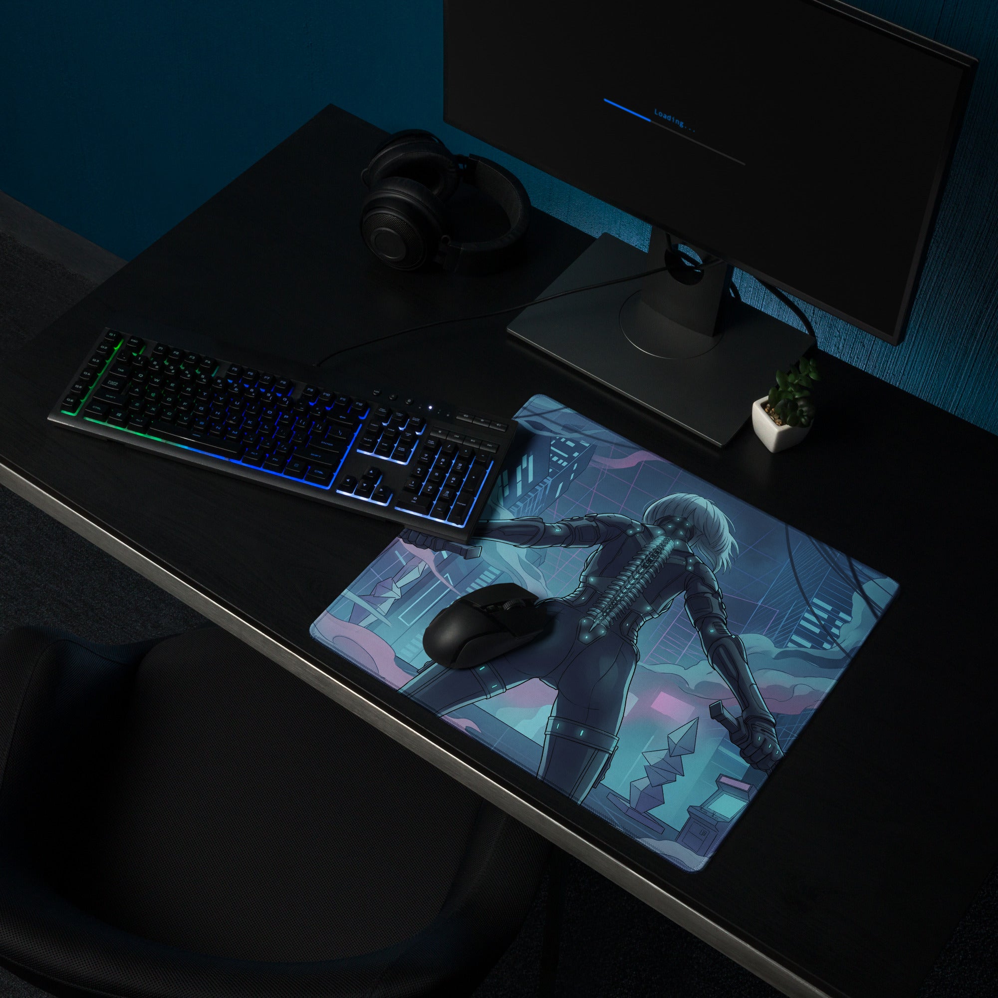 Rectangular gaming mousepad with neon blue and purple anime character in dark armor against futuristic cityscape design