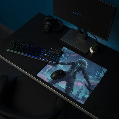 Rectangular gaming mousepad with neon blue and purple anime character in dark armor against futuristic cityscape design