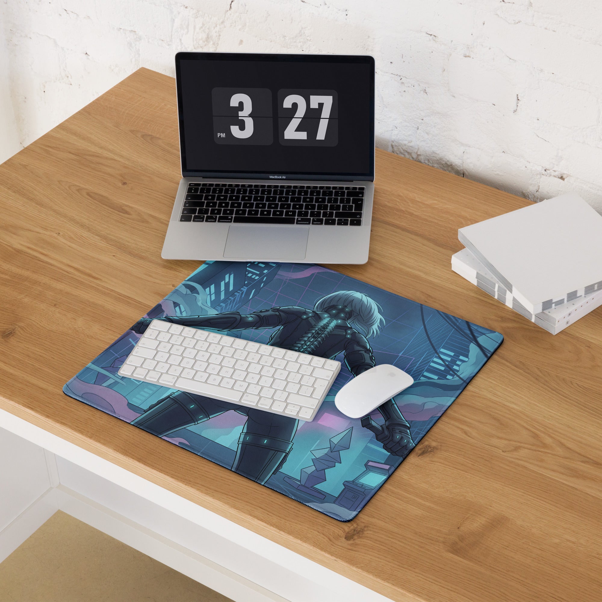 Neon vaporwave cityscape mouse pad with blue and purple cyberpunk anime character design for desk decor