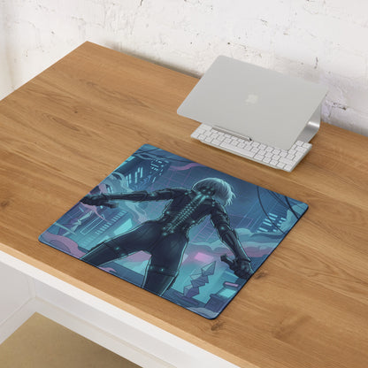 Neon vaporwave cityscape mouse pad with anime character in black armor and blue purple cyberpunk background