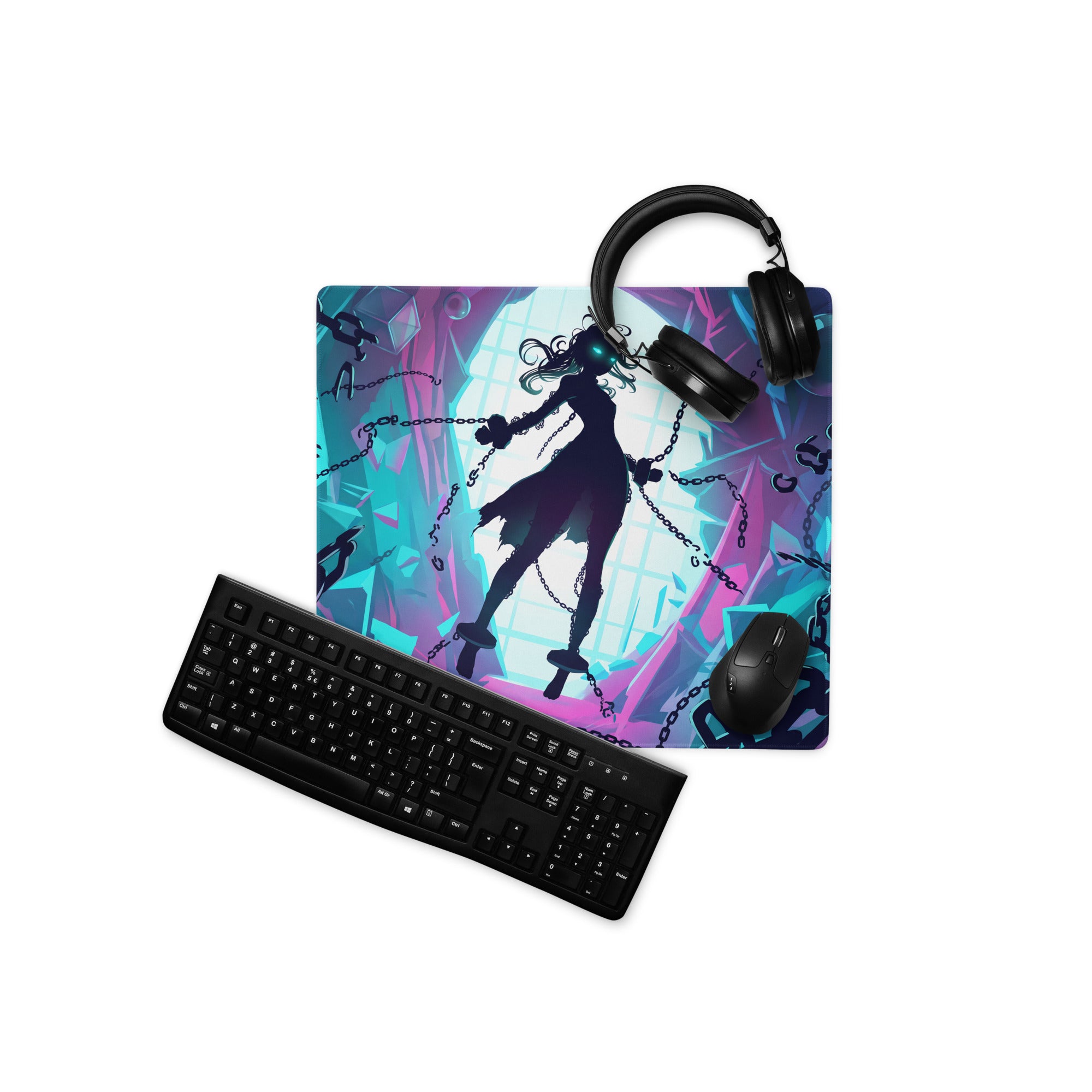 Neon vaporwave gamer mouse pad with vibrant purple and teal anime character design and black gaming peripherals