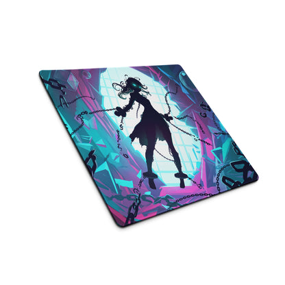Vibrant neon pink and teal vaporwave gamer mousepad with anime character silhouette and crystalline backdrop for esports use