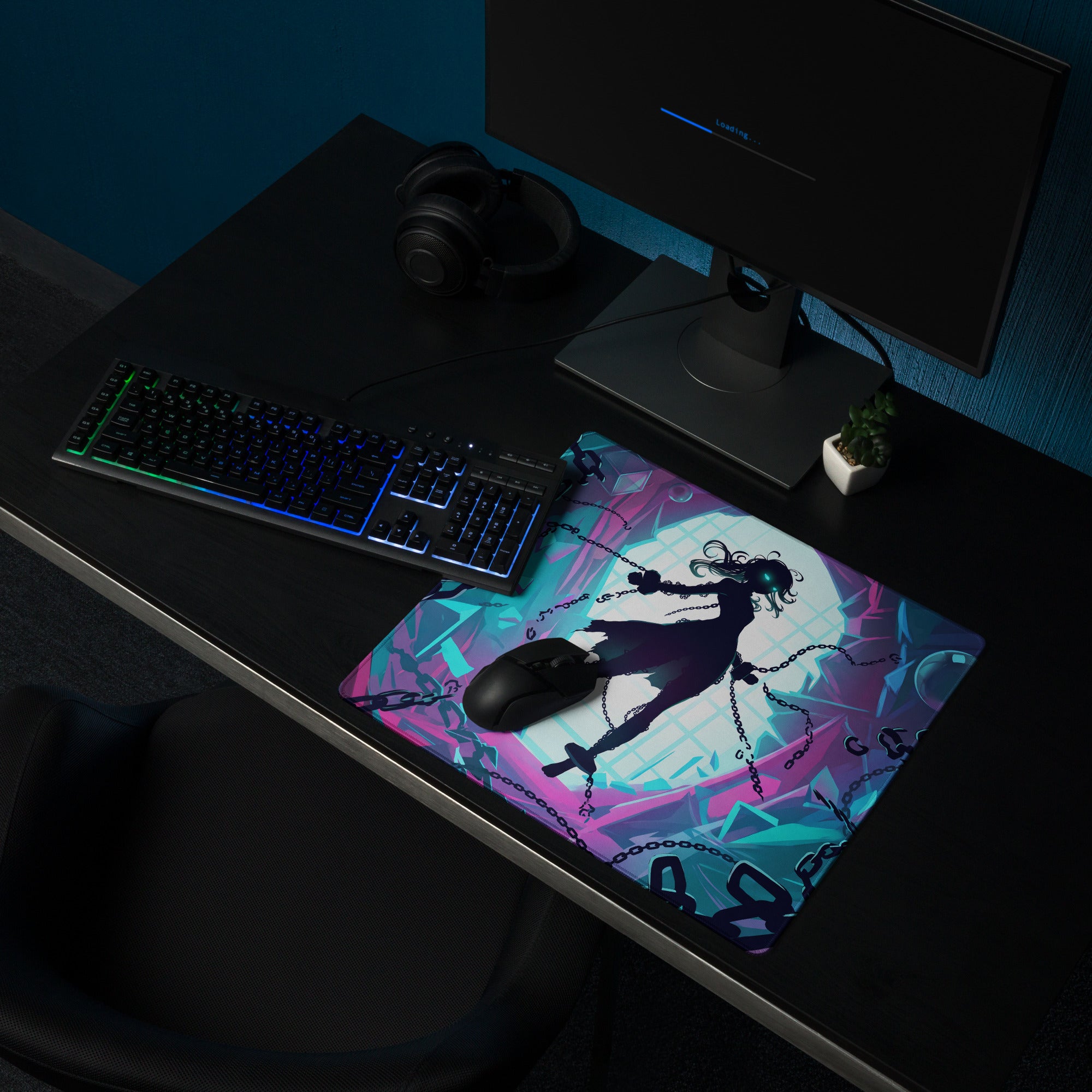 Neon vaporwave gamer mouse pad with vibrant purple and teal anime design featuring a chained character silhouette and glowing moon
