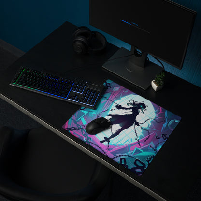 Neon vaporwave gamer mouse pad with vibrant purple and teal anime design featuring a chained character silhouette and glowing moon
