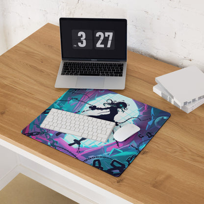 Vibrant neon vaporwave gamer mouse pad with black anime silhouette on teal purple pink chain motif background for esports