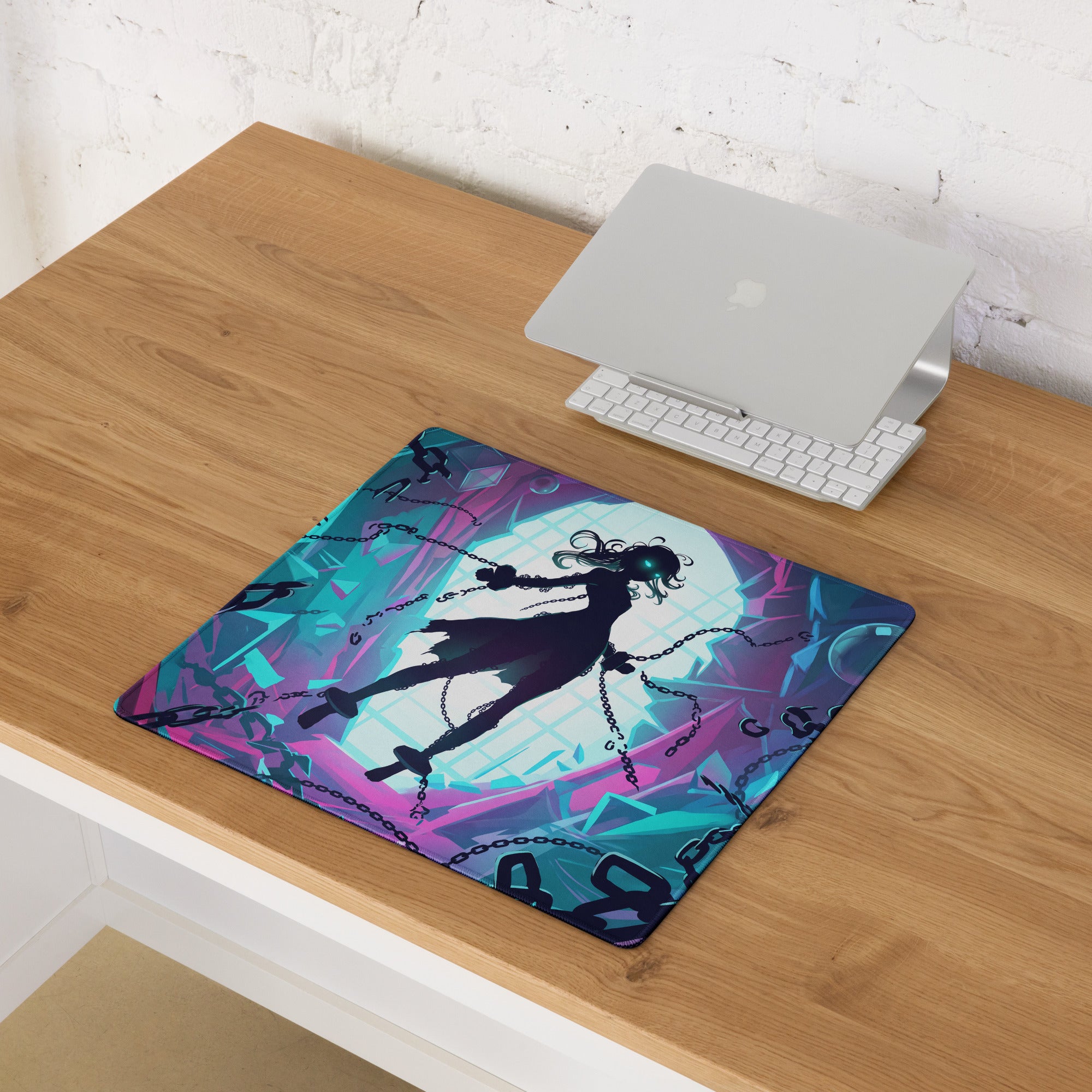 Vibrant purple and teal neon vaporwave gamer mouse pad with anime character silhouette suspended by chains against glowing backdrop