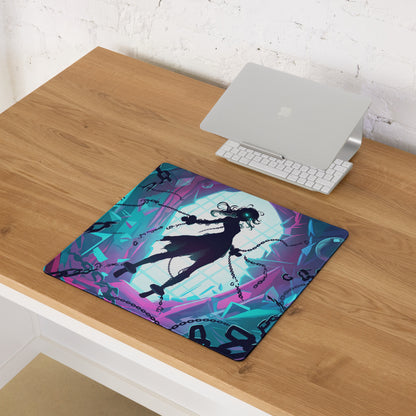 Vibrant purple and teal neon vaporwave gamer mouse pad with anime character silhouette suspended by chains against glowing backdrop