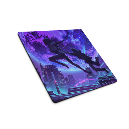 Purple and blue neon vaporwave mouse pad with silhouetted figures leaping above a futuristic cityscape design
