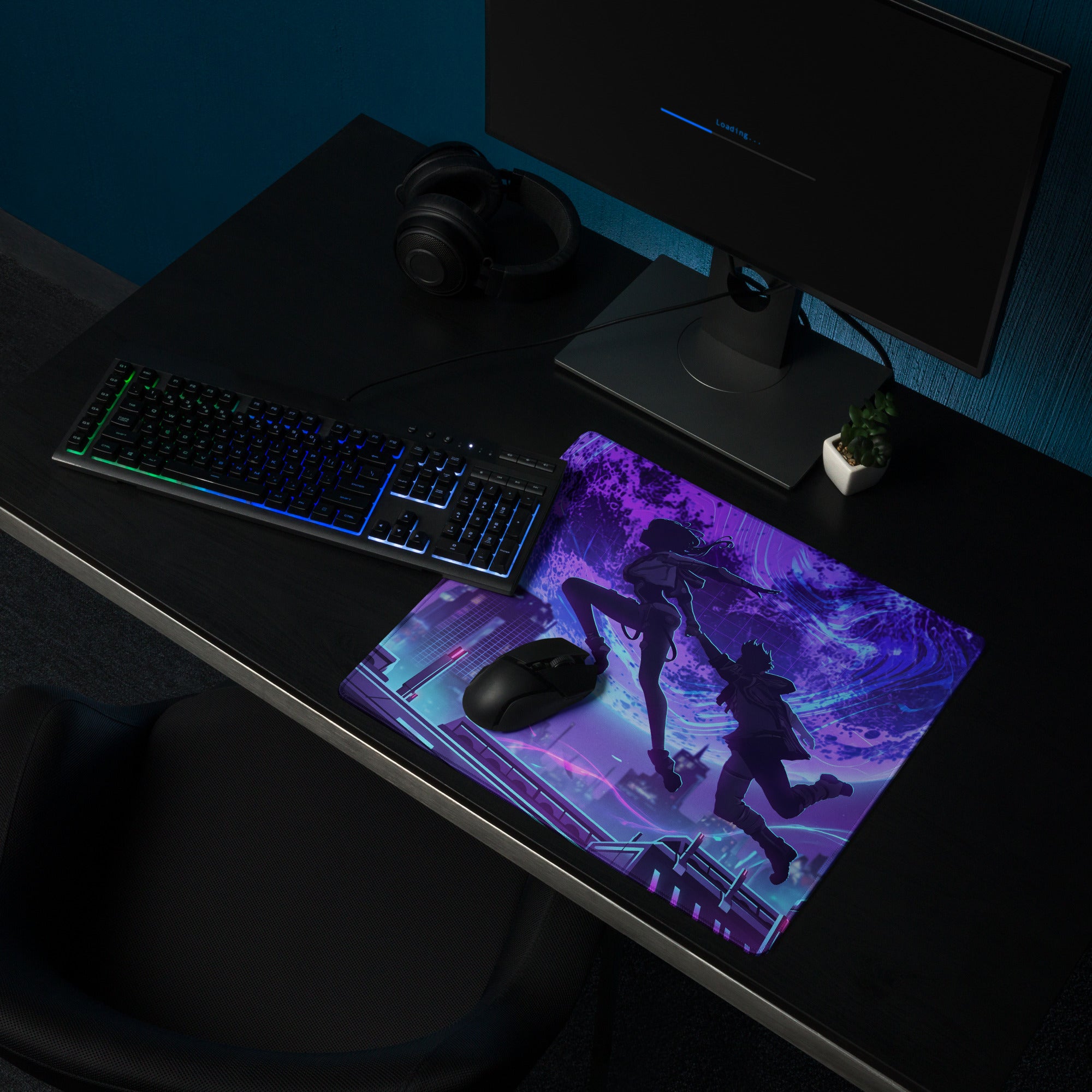 Neon mirage vaporwave mouse pad with purple and blue neon design featuring silhouetted characters in futuristic cityscape