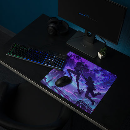 Neon mirage vaporwave mouse pad with purple and blue neon design featuring silhouetted characters in futuristic cityscape