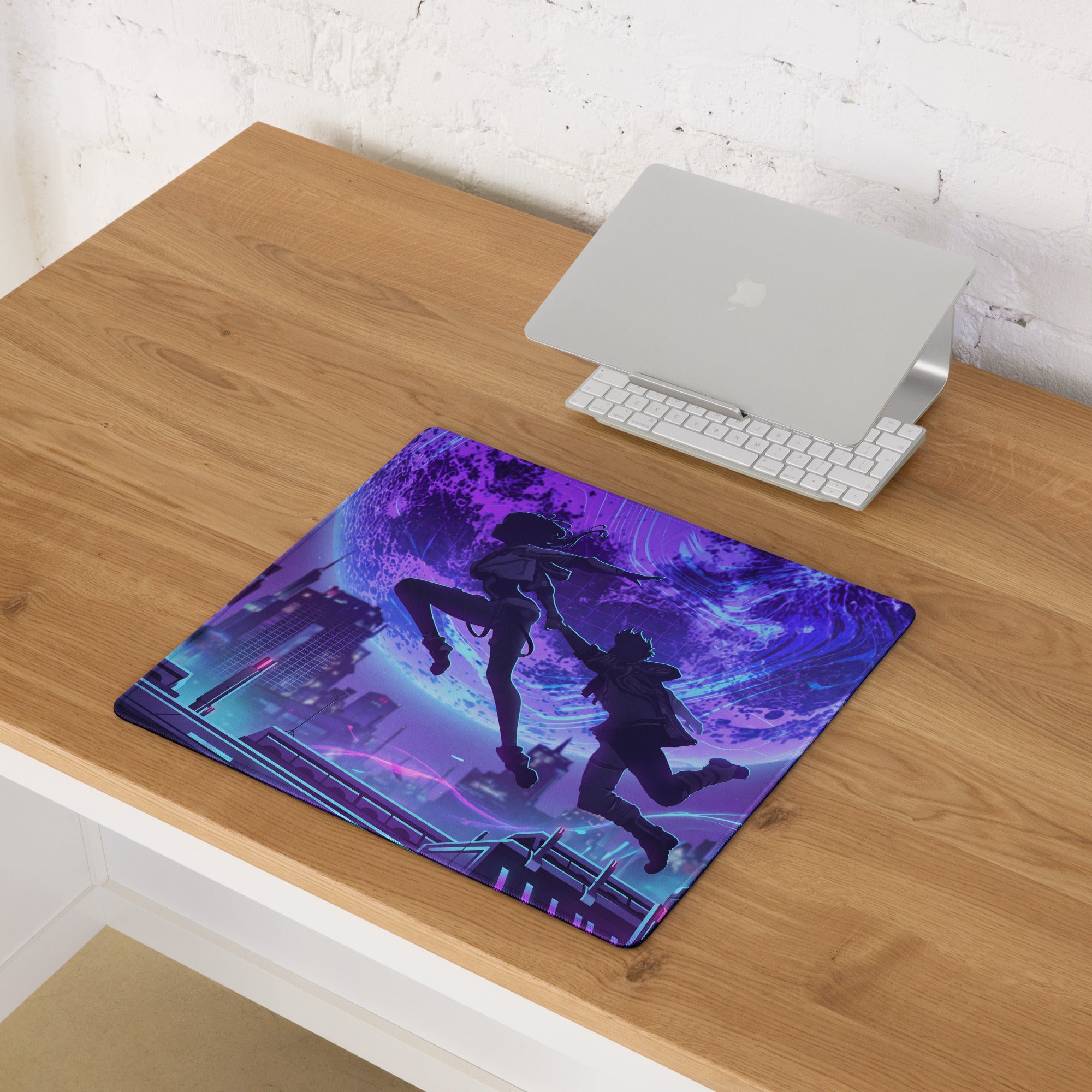 Purple and blue neon-themed vaporwave gaming mouse pad with anime characters and futuristic cityscape design