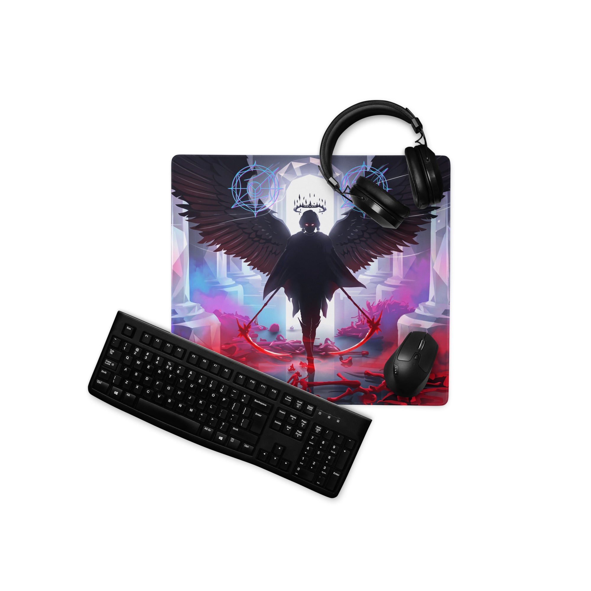 Black gaming mousepad featuring a winged figure with glowing blue and red neon vaporwave accents for cyberpunk gaming