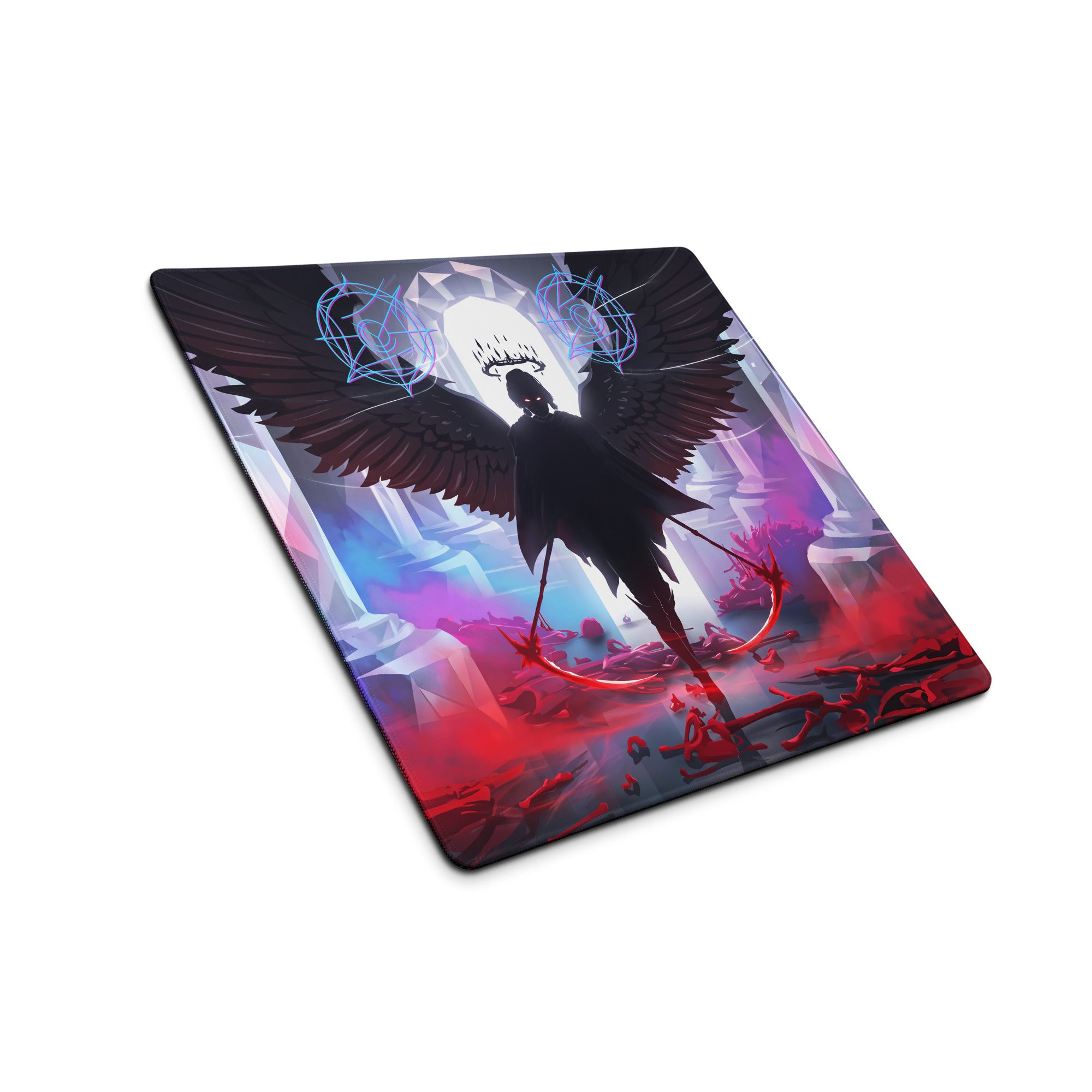 Neon vaporwave wings rectangular gaming mousepad with dark winged figure glowing blue symbols red accents on purple crystals
