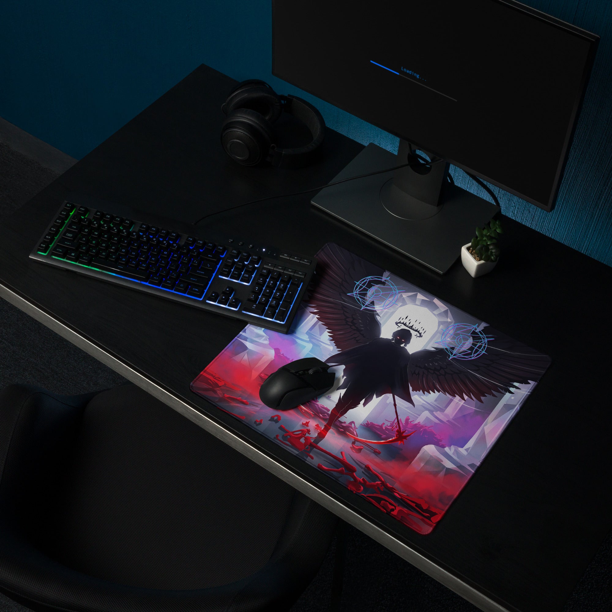 Black gaming mousepad with detailed crow illustration and vibrant neon pink and blue vaporwave background for gaming desk use