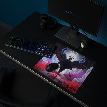 Black gaming mousepad with detailed crow illustration and vibrant neon pink and blue vaporwave background for gaming desk use