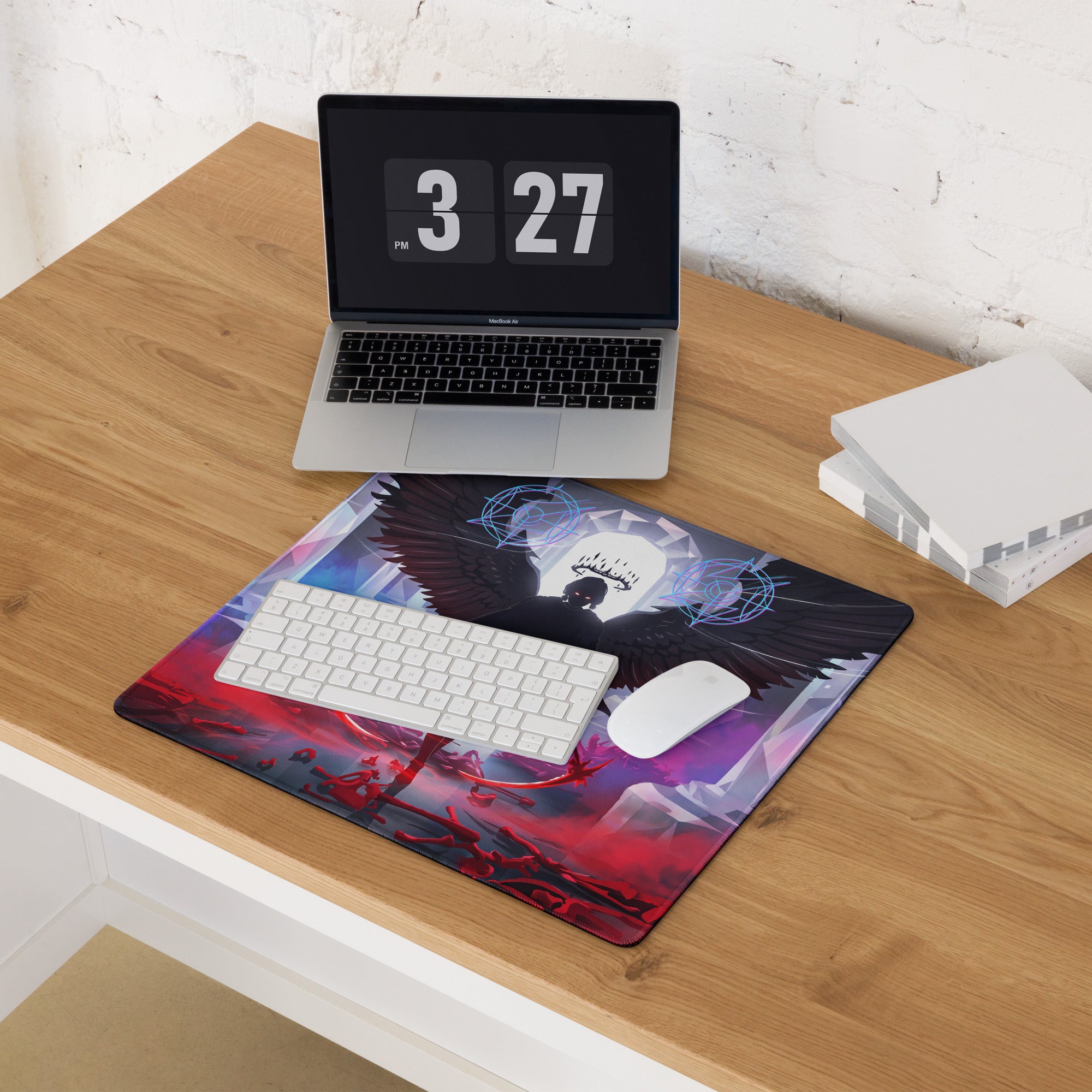Rectangular neon vaporwave wings mouse pad with black-winged angel and glowing blue and red fiery details
