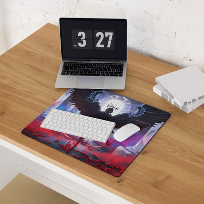 Rectangular neon vaporwave wings mouse pad with black-winged angel and glowing blue and red fiery details