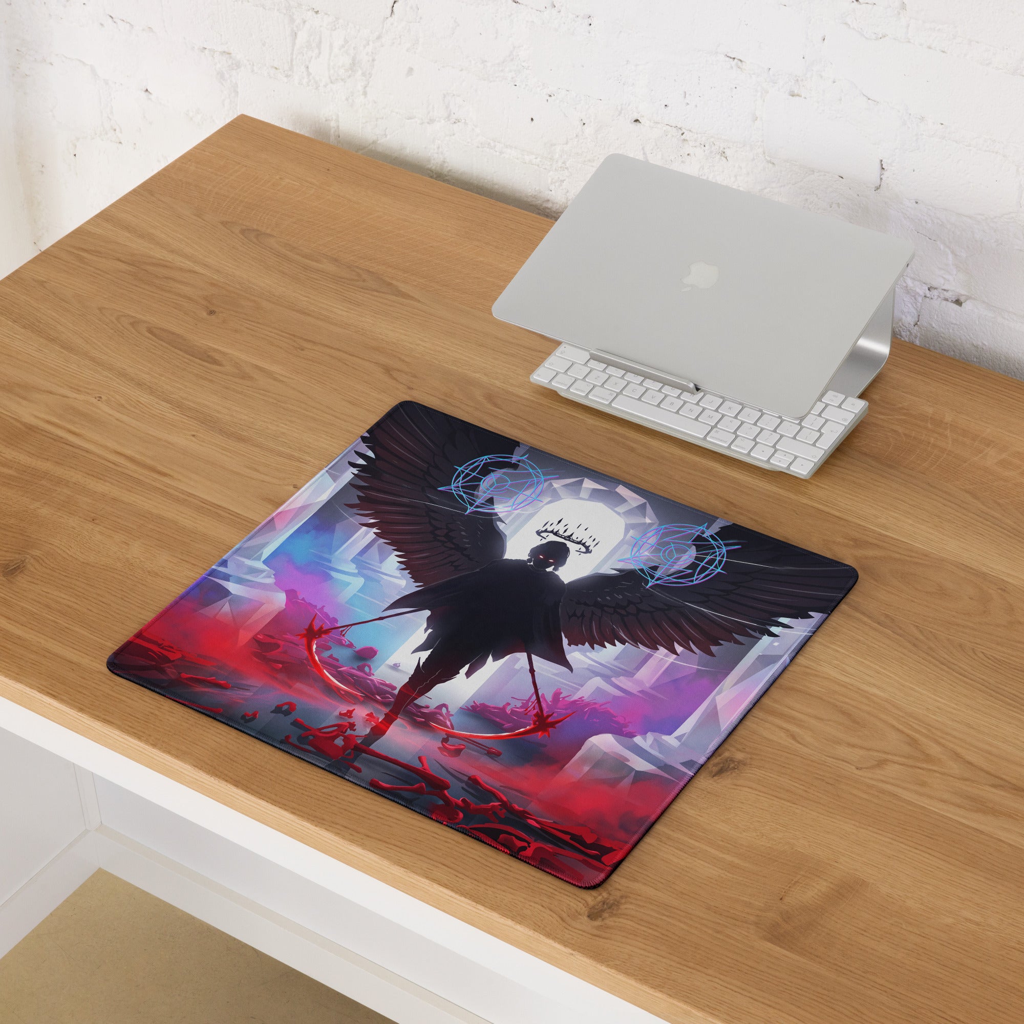 Neon vaporwave wings rectangular gaming mousepad with black bird and vibrant red purple blue cyberpunk background