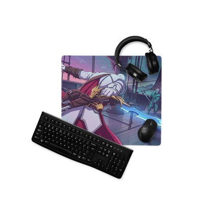 Vaporwave neon dragon rectangular gaming mousepad with vibrant anime character in white and red armor and black headphones